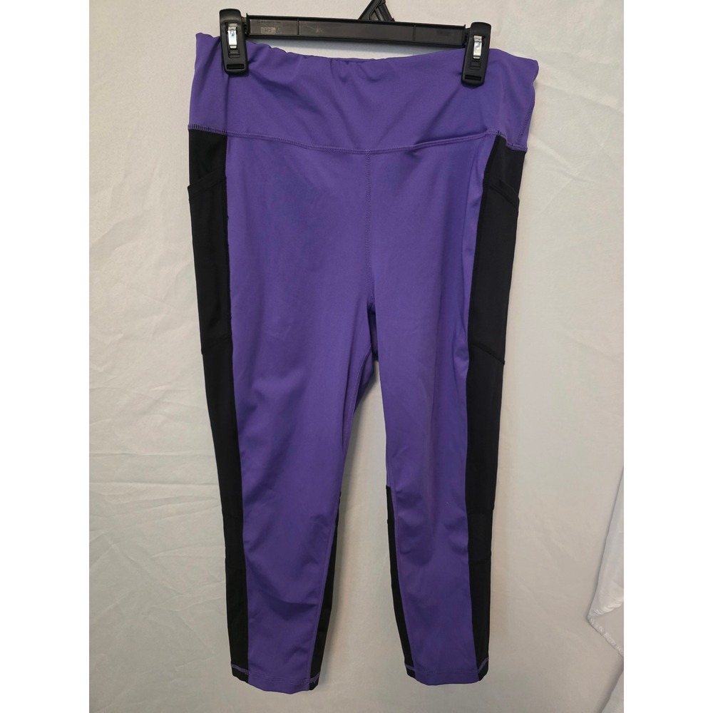 Marika Purple Black Colorblock Mesh Side Pocket Athletic Leggings Capris XL